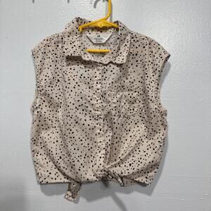 H&M Girls Sleeveless Button-Up Tie Shirt Size 12 Tan Black Dots Top Blouse